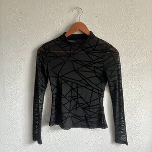 Sheer Black Mesh Geometric Mock Neck Top Y2K Long Sleeve XS/S
